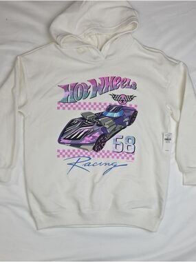 Kids' White Hoodie with Purple Racing Graphic Food Stain On Back Of Arm Kids XL
